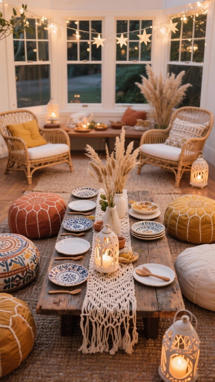 Low, wide shot of a boho sunroom Friendsgiving floor setup: a low reclaimed coffee table surrounded by floor cushions, poufs, and rattan lounge chairs; sun-washed palette of terracotta, mustard, clay, and cream; a macramé runner down the center topped with bud vases of dried grasses and pampas plumes; cutout lanterns with battery candles, paper star lights strung in the windows, mixed-pattern ceramic plates, white stoneware serving dishes with wooden serving spoons; soft, cozy evening glow.