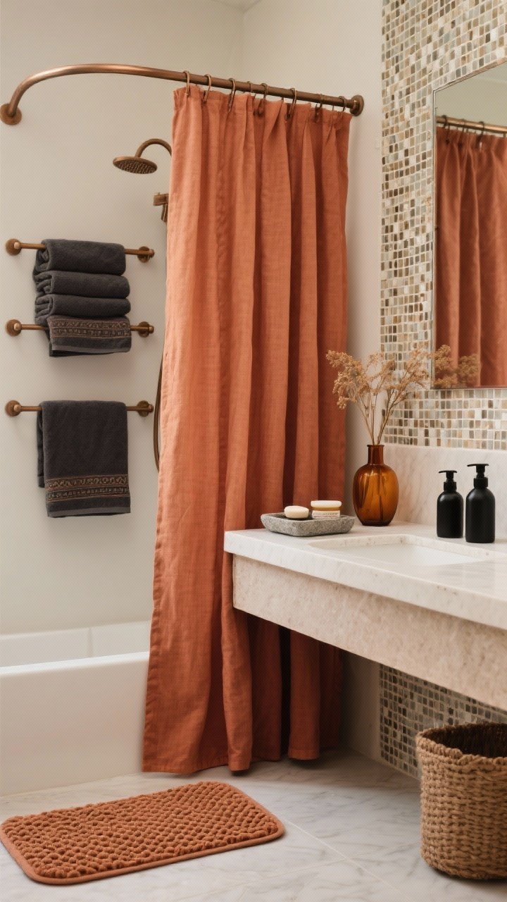 Medium bathroom scene with spa calm: linen-blend warm terracotta shower curtain, neatly folded charcoal Turkish towels on a rail for contrast. Vanity styled with matte black soap and lotion dispensers, a stone tray holding skincare, and a small amber glass vase with dried stems. Subtle peel-and-stick micro-mosaic backsplash behind the mirror for texture. Floor mat is waffle-knit in clay with memory foam. Bronze hooks and a curved shower rod visible. Soft, warm lighting, photorealistic.