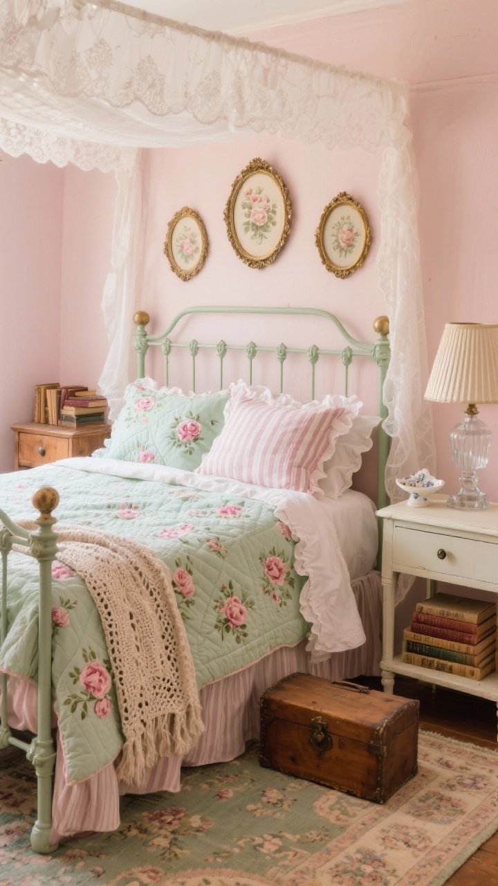 Medium bedroom shot, storybook cottagecore bedroom in rose and sage with soft morning light: vintage iron bed painted soft sage, layered quilts—one rose-sprigged, one hand-stitched in faded calicos—plus ruffled pillow shams, crochet throw, ticking stripe sheets; airy lace canopy drifting overhead; mismatched nightstands (one old oak with glass knobs, one repainted cream) topped with stacked thrifted romance paperbacks, a ribbed glass lamp, and a tiny porcelain trinket dish; oval floral prints in gilded frames clustered above the headboard; faded Persian-style rug underfoot and a vintage cedar chest at the foot of the bed; palette dusty rose, sage, buttermilk, antique white; photorealistic, serene, no people.