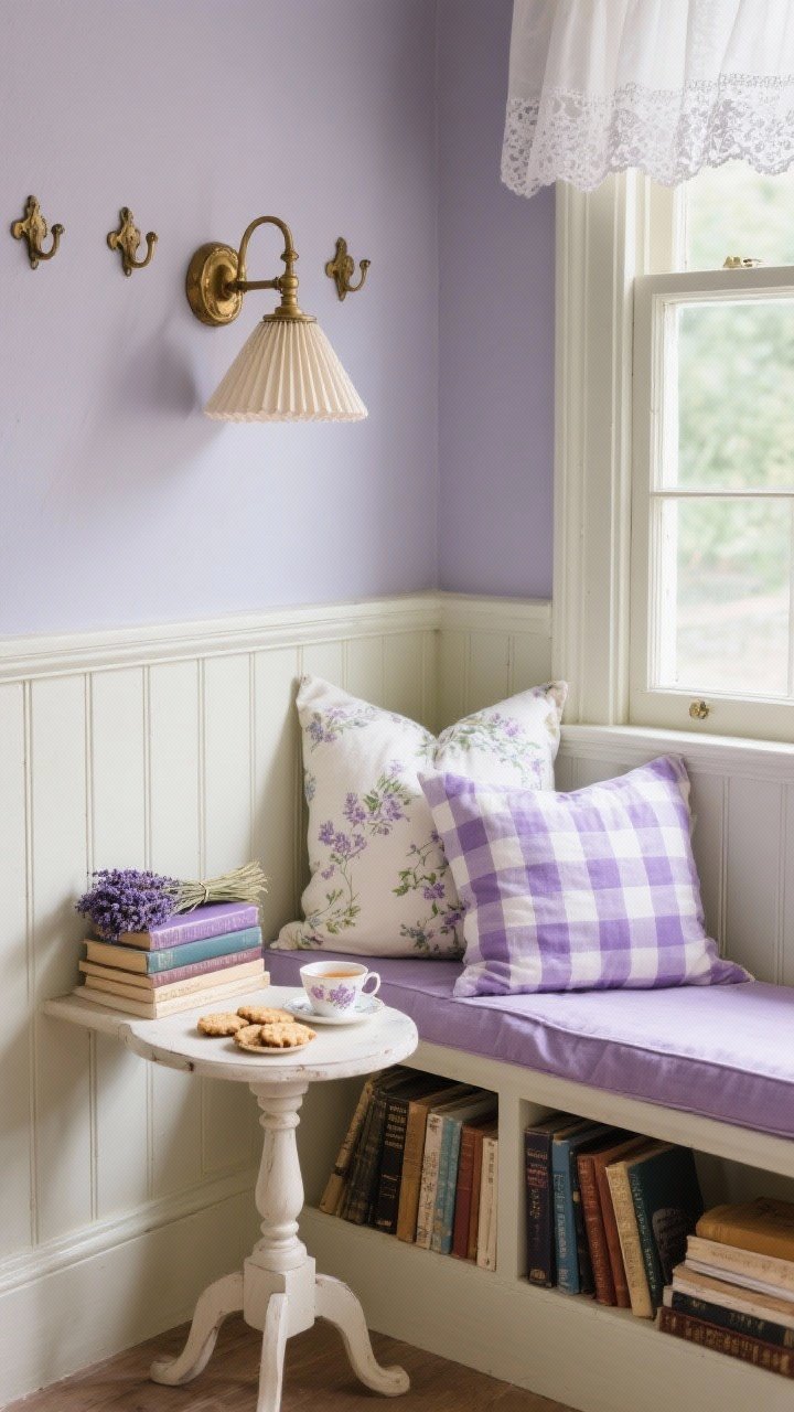 Medium/closeup corner: Lavender Lane reading nook with pale lavender-gray walls and cream beadboard wainscot, antique brass hooks above; built-in window seat with lilac linen cushion piled with pillows in gingham, block print, and delicate floral; petite spindle-leg side table holding a cup of tea and shortbread; stacked books, dried lavender bundles, lace-edged curtain; wall-mounted library sconce with a pleated shade casting gentle light.