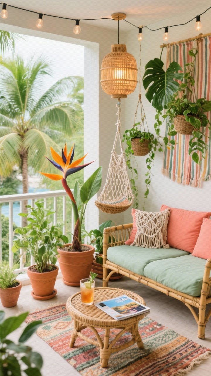 Medium corner angle: A tropical boho balcony lounge layered with greenery—bamboo loveseat with outdoor-friendly cushions in coral and sage, a macramé hanging chair, and terracotta planters at varying heights; a Bird of Paradise and Areca Palm as focal plants, with Pothos and Philodendron Brasil cascading from hanging baskets like a living curtain; striped kilim rug underfoot, low rattan side table holding iced tea and travel magazines; solar string lights overhead and a rattan lantern glowing warmly; bright, breezy, lush, photorealistic.