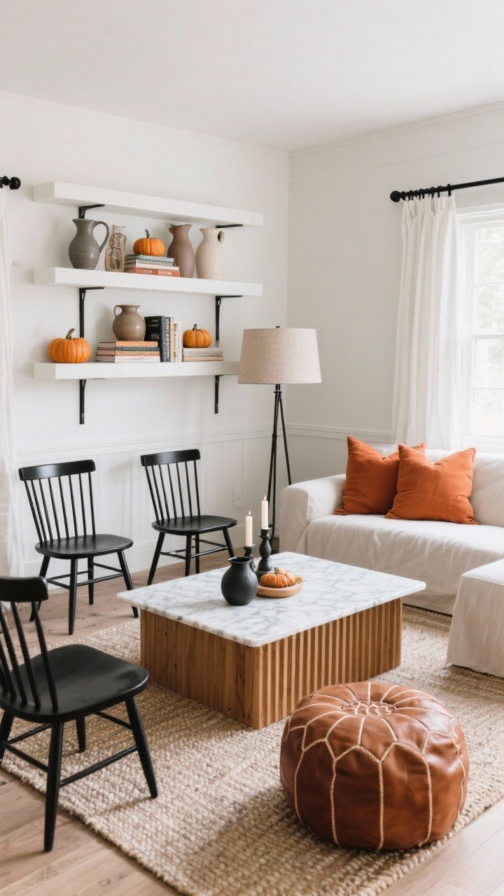 Medium corner angle: Modern farmhouse living room with a low-profile slipcovered sofa on a flatweave rug, flanked by black spindle chairs. Clean built-in shelves and matte black curtain rods keep lines sleek. Terracotta pillows and cognac leather poufs add warmth. A marble-topped coffee table with ribbed wood sides centered. Shelves styled with stacked cookbooks, ceramic pitchers, and muted mini pumpkins. Soft white, black, terracotta, and cognac palette; ribbed ceramics and matte candles; a sleek floor lamp with a linen drum shade providing soft, controlled illumination. Photorealistic, no people.