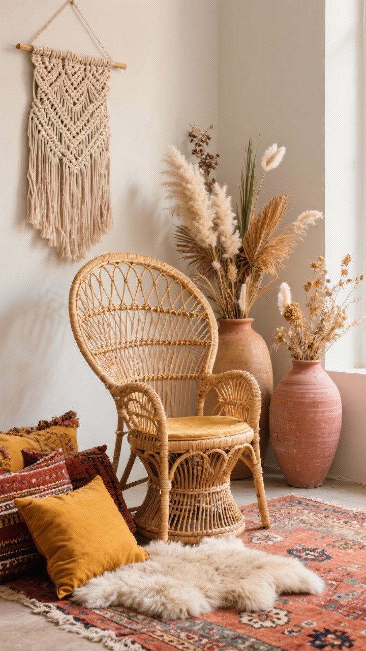 Medium corner shot, angled to feature chair back: A rattan peacock chair with sculptural backrest angled slightly; layered textiles including a Moroccan-style rug, a soft sheepskin, and kilim pillows in saffron and rust; a macramé wall hanging above; oversized floor vases filled with dried florals—bunny tails, palm spears, and pampas; color palette saffron, rust, blush, natural rattan; key elements fringe, woven patterns, dried botanicals; warm, cozy daylight, photorealistic texture detail.