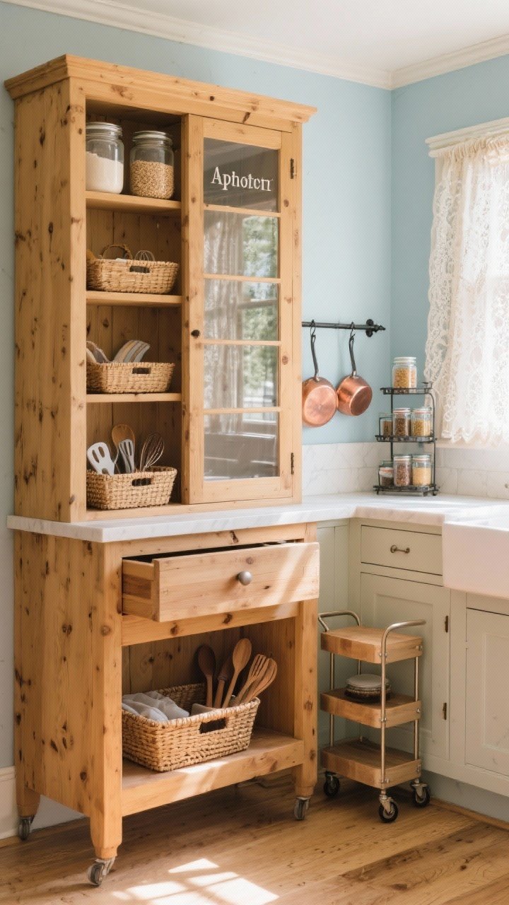 Medium corner shot of a cozy kitchen nook featuring a freestanding pine pantry with glass doors; inside, labeled apothecary jars (flour, oats, tea) and woven trays corralling baking tools; a butcher-block trolley with a drawer tucked beneath a window dressed with a lace café curtain; simple iron rail with copper pans catching morning light; decanted jars, tiered spice rack on the counter, and a small rolling cart; tones of honeyed wood, cream, copper, and soft blue; warm morning sunlight.