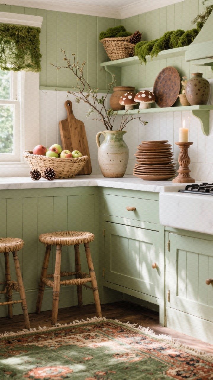 Medium corner shot of a woodland cottage-style kitchen with mossy greens, mushroom taupes, and creamy whites; soft sage beadboard backsplash; wooden cutting boards, stoneware crocks, and woven baskets filled with apples and pinecones; a ceramic jug with foraged branches; stack of brown-speckled plates; candle in a carved wood holder; Windsor stools with natural rush seats; worn Persian rug in olive and rust; gentle dappled daylight.