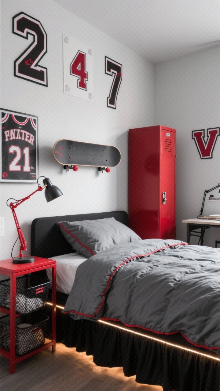 Medium corner shot, sporty street style setup: heather gray comforter with cherry piping on bed, grounded by a black bed skirt; athletic prints on wall—jersey numbers and varsity letters with cherry accents; red locker-style nightstand with mesh storage bins; skateboard wall mount doubling as art; clamp desk lamp with red cord and subtle LED strip under the bed for edge glow; palette gray, black, white, cherry; urban vibe.