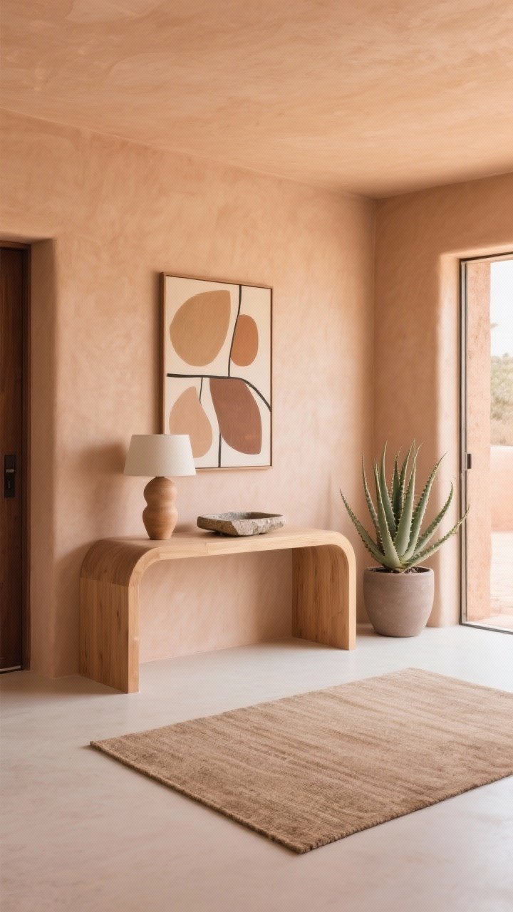 Medium desert modern minimal entry: walls in soft sand/terracotta, light maple console with rounded corners; sculptural ceramic lamp, stone catchall tray, and abstract art in earthy neutrals above; flat tonal rug, spiky aloe plant in a matte pot; clean geometry, warm clay tones, soft natural daylight.