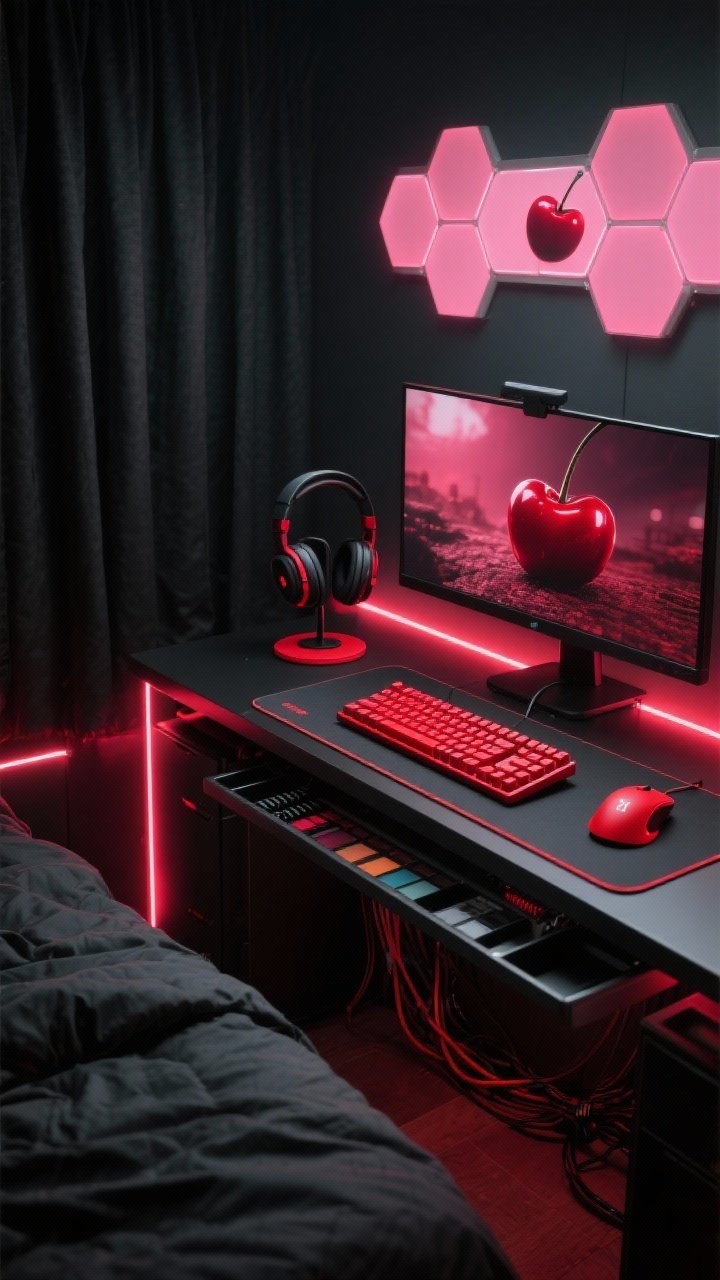 Medium desk-focused tech nook: black comforter and graphite blackout curtains in background; RGB strips lining desk edges set to cherry/crimson-rose pulse; hex LED panel above desk showing a cherry-tinted scene; red mechanical keyboard, matte red mouse on a carbon-look desk mat, sleek headset stand; glossy red coaster; tidy cables in under-desk trays; palette black, gunmetal, cherry neon; moody, high-contrast lighting.
