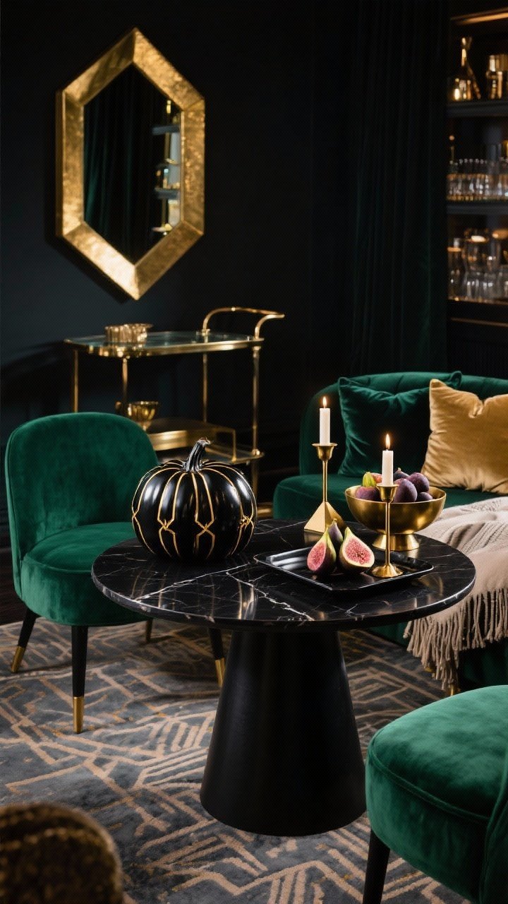 Medium, dramatic lounge vignette: Art-Deco cocktail lounge with a round black pedestal table, emerald velvet chairs, and a geometric gold mirror reflecting softly. On the table, lacquered black pumpkins with fine gold Deco linework, a low brass bowl of figs, geometric gold candleholders, and a black marble cocktail tray. Smoked-glass bar cart glints in the background, velvet pillows and a fringed throw nearby. Glam, moody evening lighting, photorealistic, no people.