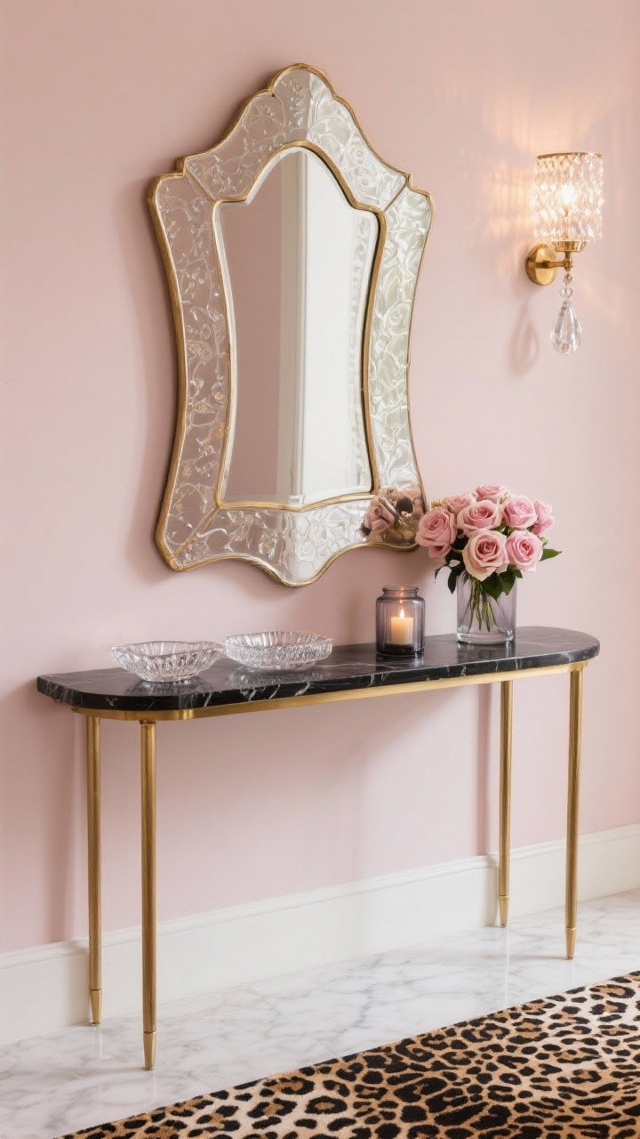 Medium, front-facing glam vignette: a Venetian etched mirror above a slim black marble console with brass legs on pale blush walls. On the console: cut crystal trays, a small bouquet of garden roses, and a smoky glass jar candle. Underfoot, a cheeky cheetah-print runner. Add a crystal drop sconce on a dimmer casting a shimmering evening glow. Color palette: blush, brass, black, crystal.