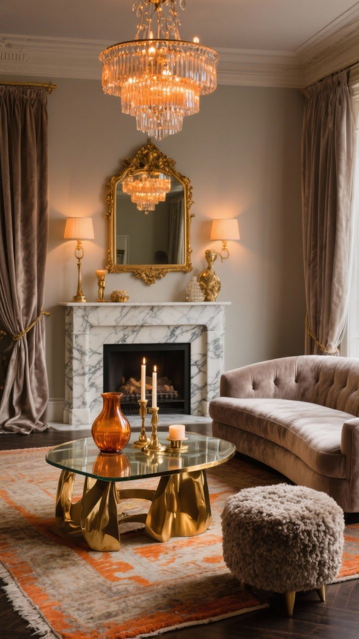 Medium glam vignette: A soft taupe velvet sofa facing a marble fireplace surround crowned by a gilded mirror. A glass-and-brass coffee table styled with amber glass vases, smoky tapered candles, and layered warm metallics. A plush boucle ottoman nearby, silk drapes framing the scene, and a vintage rug with burnt orange accents underfoot. Statement crystal pendants dimmed low for amber glow. Palette of taupe, cream, amber, and antique gold; textures of velvet, boucle, marble, and patinaed metal. Photorealistic, evening ambiance.