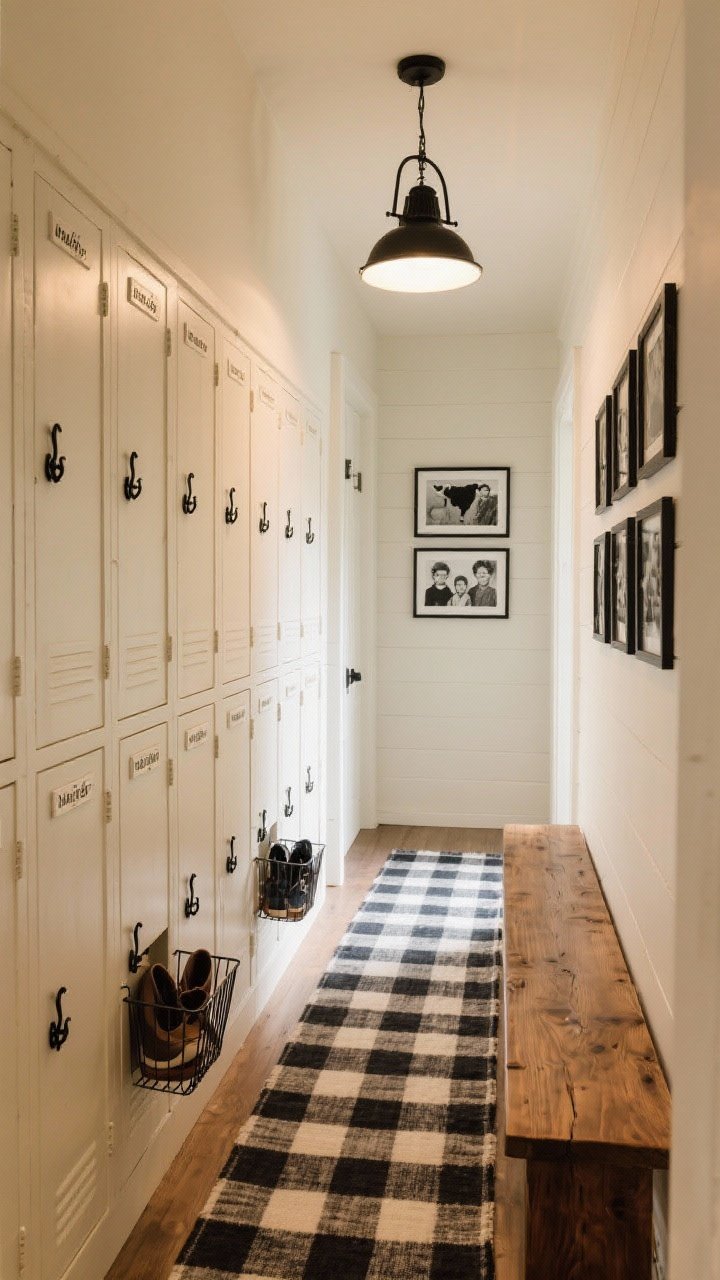 Medium, hallway perspective of a farmhouse locker mud hall: floor-to-ceiling warm white locker cubbies, each with a black iron hook, a nameplate, and a pull-out wire bin for shoes; a stained oak bench integrated into the lockers; matte black barn light overhead casting a soft glow; opposite wall featuring a gallery of black-and-white family photos; buffalo-check runner grounding the narrow corridor; warm, cozy mood.