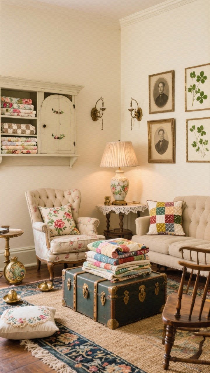 Medium interior vignette, photorealistic: Buttercream walls behind a mix-and-match seating group—a floral wingback, a tufted settee, and a spindle-back chair with a folded patchwork quilt—centered around a trunk coffee table, stacks of patchwork quilts displayed on an open shelf or pie safe, a curated gallery wall of sepia portraits and pressed clovers, layered rugs with an oriental runner over sisal, embroidered cushions scattered, aged brass accents and hand-painted enamel pieces, warm table lamps with pleated fabric shades and lace-covered sconces casting cozy light, no people.