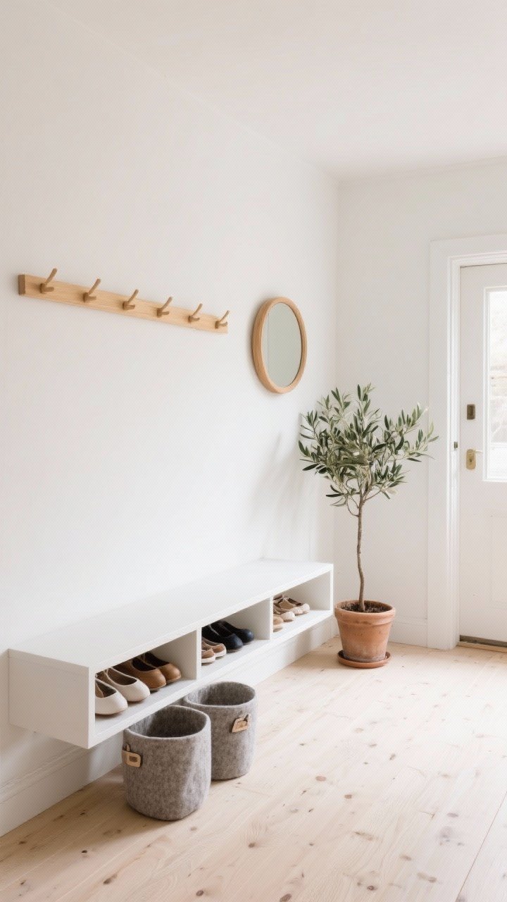 Medium, light-filled Scandinavian entry: warm white walls, pale whitewashed oak floors; a long blonde ash peg rail running the wall; floating white bench above shallow, neatly arranged shoe shelves; two neutral felt bins under one end; a potted olive tree adding greenery; a round oak mirror reflecting daylight; bright, airy mood with soft, natural light and minimal clutter.
