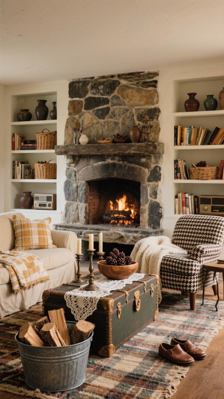 Medium living room shot straight-on toward a weathered stone fireplace: built-in shelves flanking the hearth filled with well-loved books, pottery, and woven baskets; slipcovered sofa in creamy twill with plaid pillows and a quilt folded over the arm; houndstooth armchair, chunky knit throw draped casually; repurposed steamer trunk as coffee table styled with a lace runner, antique candlesticks, and a wooden bowl of pinecones; vintage radio on a side table; faded kilim or wool plaid rug underfoot; galvanized tub with stacked firewood and a pair of leather slippers by the hearth; warm evening light, palette honey, cream, charcoal, warm chestnut; photorealistic, cozy, no people.