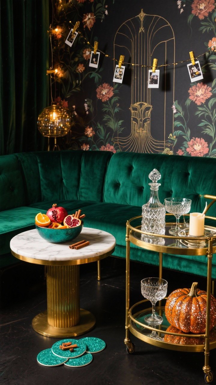 Medium lounge vignette of a jewel-tone cocktail area: emerald velvet loveseat, round marble-topped side table, brass bar cart styled with cut-crystal decanters, coupe glasses, and a bowl of garnishes (pomegranate, orange slices, cinnamon sticks); backdrop with a dark floral or Art Deco peel-and-stick mural; string lights with gold clips holding Polaroids; bowl of glitter pumpkins, jewel-toned coasters, and a smoked vanilla candle; moody, speakeasy sparkle lighting.