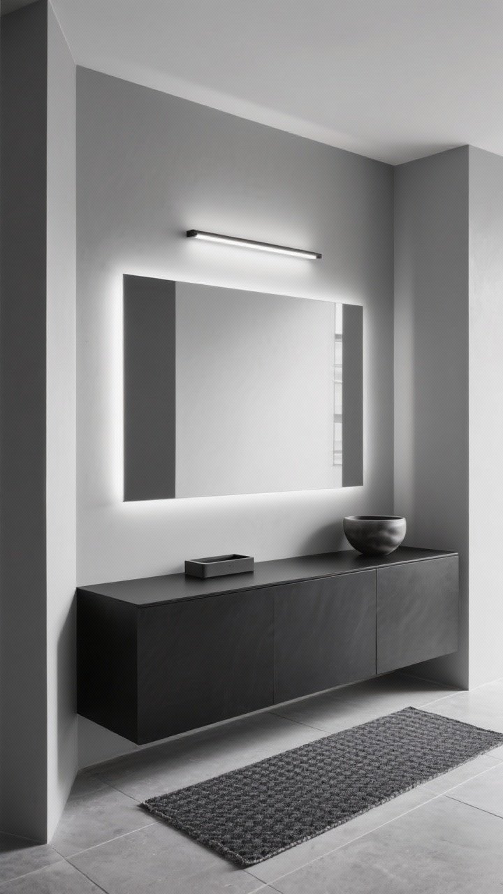 Medium, minimalist monochrome setup: a backlit rectangular mirror flush-mounted above a floating black console on soft gray walls; concrete-look tile flooring extends seamlessly. Decor is pared back to a single sculptural bowl and a slim card tray. A linear LED sconce overhead and a charcoal micro-pattern runner provide subtle texture. Color palette: gray, black, graphite, white. Clean, cool illumination.