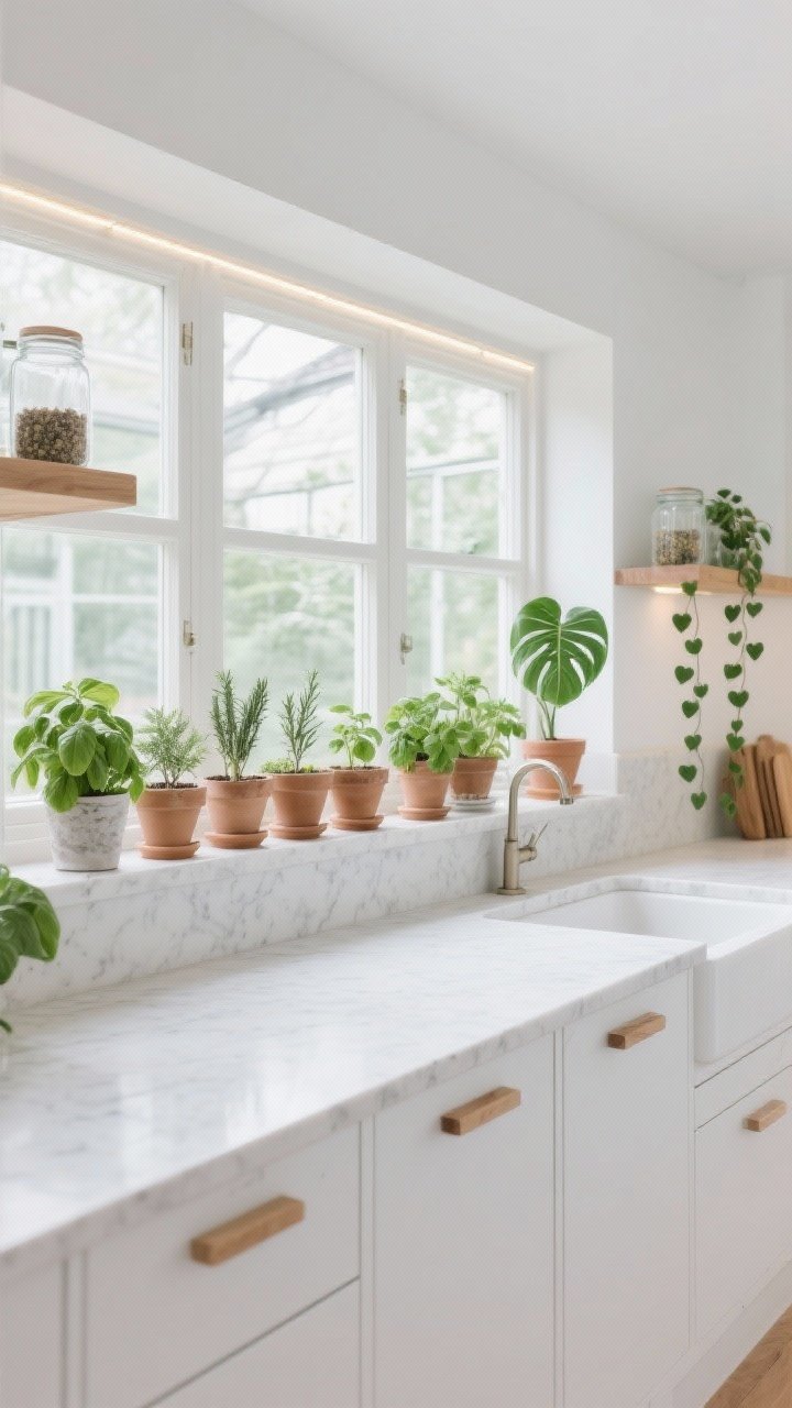 Medium, Scandinavian Window-Ledge Greenhouse Kitchen, straight-on: matte white cabinets with light oak handles, pale quartz countertops; oversized window ledge lined with neat, uniform pots of basil, rosemary, thyme, mint, plus compact peperomias, a mini monstera, and a trailing string of hearts; a floating oak shelf above the sink with glass jars; subtle seed-starting LED strip under the shelf providing gentle grow light; palette of white, light oak, soft gray, leafy green; clean, bright, functional feel, photorealistic.