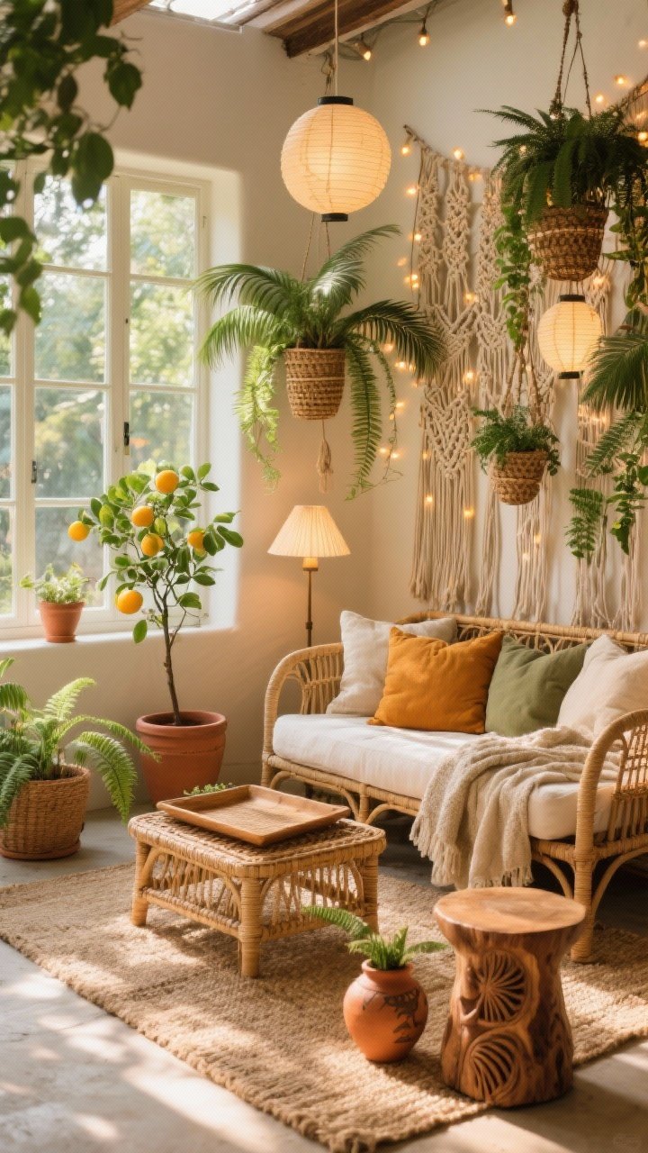 Medium shot: A boho sunroom sanctuary corner drenched in warm natural light, featuring rattan and cane furniture with linen cushions and textured throws in sand, saffron, and olive. A jute rug underfoot, terracotta and earthenware pots scattered with ferns in hanging baskets, palms in woven planters, and a small citrus tree near the window. A macramé plant wall forms a lush tapestry backdrop. Paper lanterns and fairy lights glow softly; a discreet sunlamp extends daylight. Details include wicker trays, carved wood stools, and hand-thrown ceramics. Photorealistic, cozy vacation vibe, slight corner angle.