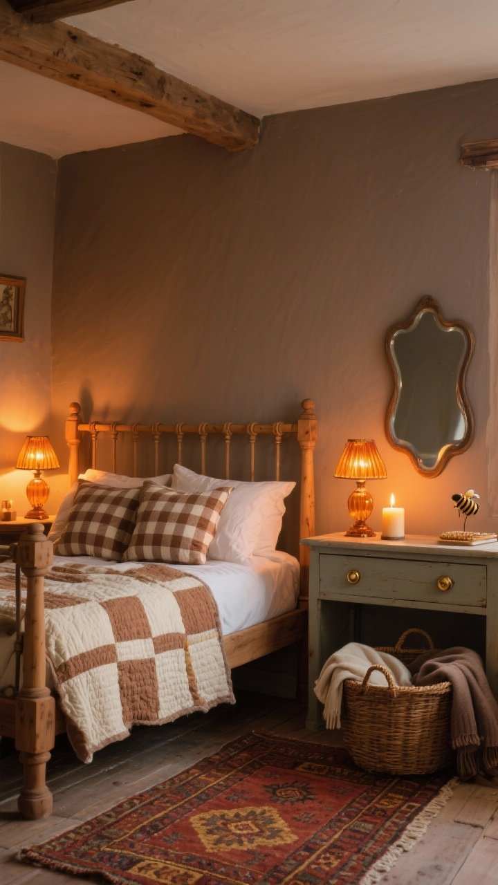 Medium shot, Candlelit Cottage Nook in evening light: warm taupe walls, honeyed pine spindle bed piled with cinnamon-and-cream gingham pillows and a handstitched quilt; amber-glass lamps and flickering faux candles casting an amber glow; kilim-style rug with rust and gold tones; low vintage dresser with brass knobs and a wavy-edge mirror; woven basket with extra throws at the footboard; beeswax candle on the dresser. Photorealistic, cozy, mellow atmosphere, no overhead lighting.