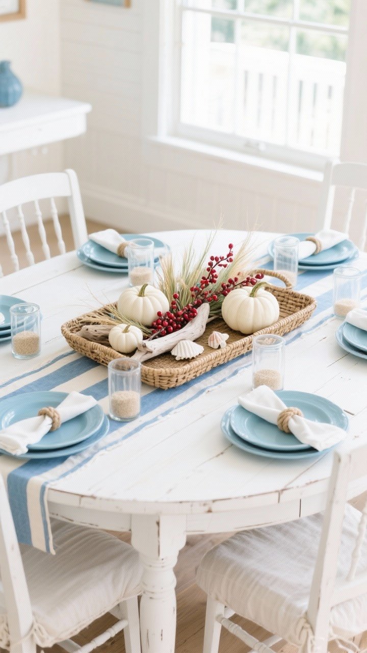 Medium shot, Coastal Cranberry Breeze: Whitewashed round table with a blue-and-ivory striped runner. Low rattan tray centerpiece mixing cranberry branches, sea grass, and bleached driftwood pieces, dotted with mini white pumpkins like seashells. Soft blue plates, rope napkin rings, clear glass hurricanes with sand bases. Slipcovered or white spindle-back chairs. Palette of coastal blue, ivory, sand, cranberry. Bright, breezy natural light. Photorealistic.