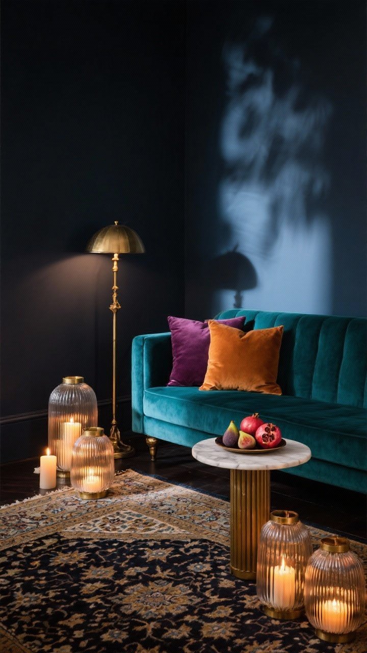 Medium shot, corner angle: A deep teal velvet sofa set against a charcoal/midnight blue wall, styled with plum and amber pillows; a vintage brass floor lamp with dimmed bulb casts moody light, and clusters of candles in ribbed glass hurricane lanterns on the floor create soft, warm illumination; a patterned Persian-style rug underfoot and a small marble-top side table holding a tray of figs and pomegranates; color palette teal, plum, brass, charcoal; dramatic, candlelit atmosphere with flattering shadow play.