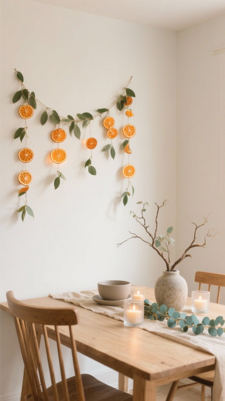 Medium shot, corner angle: An airy minimalist dining setup against a white or pale oatmeal wall with a light oak table and simple spindle-back chairs. Vertical garlands of dehydrated orange slices and bay leaves hang in a soft arc as the backdrop, glowing like stained glass in warm candlelight from frosted glass votives on the table. Table styling includes matte ceramics, soft beige linen, a sculptural branch in a stone vase, and a eucalyptus runner with tealight clusters. Palette: cream, sage, sunlit orange, natural wood. Clean, fresh, photorealistic.