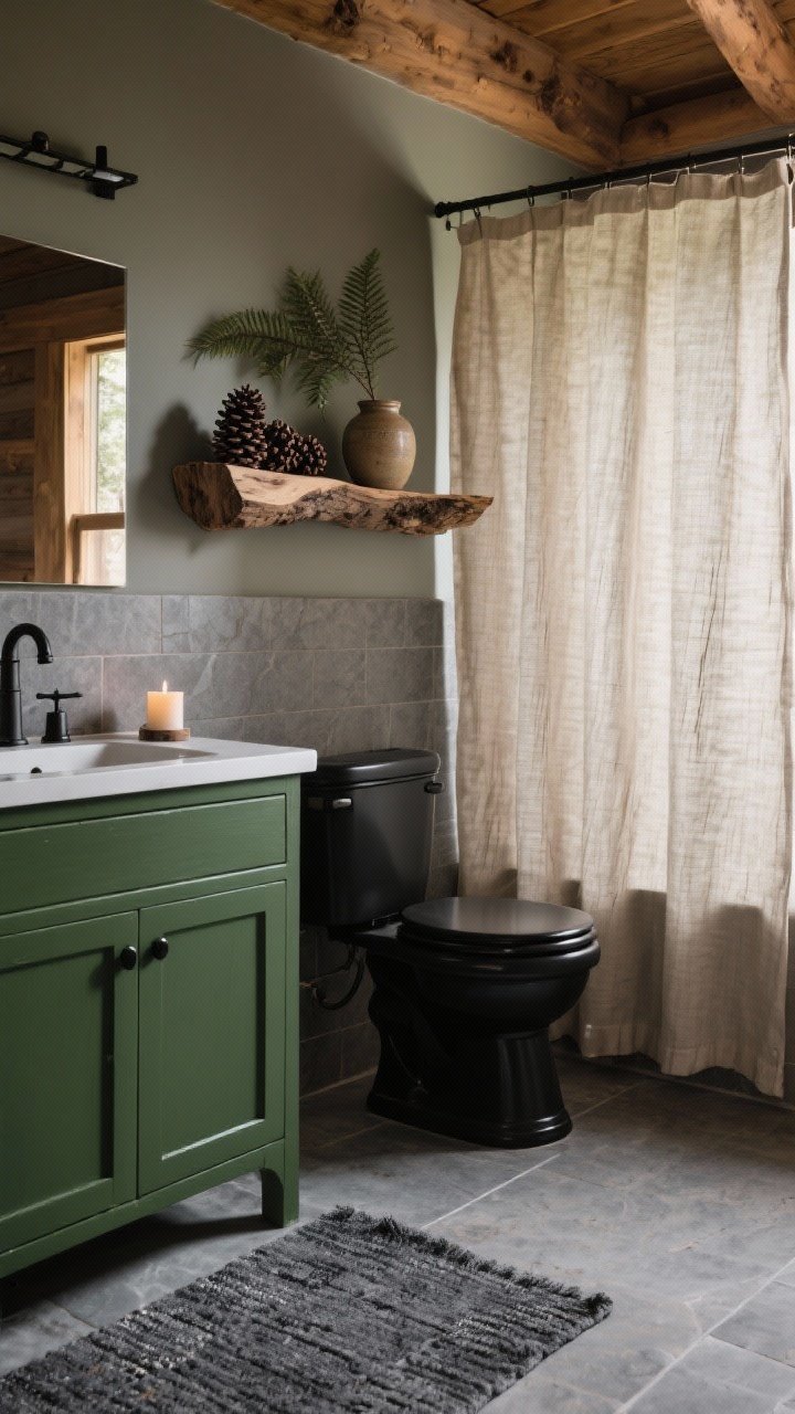 Medium shot, corner angle: Woodland cabin-inspired bathroom with a deep moss green painted vanity, matte black fixtures, and a slate-look floor rug. Above the toilet, a live-edge wood shelf holding pinecones, a small fern, and a ceramic jar. A soft oatmeal linen shower curtain filters light, adding spa-like calm. Textures: linen, slate, ceramic, natural wood grain. Colors: moss, stone gray, espresso, black, oat. Subtle warm lighting; a cedar-scented candle visible but unlit; no people.