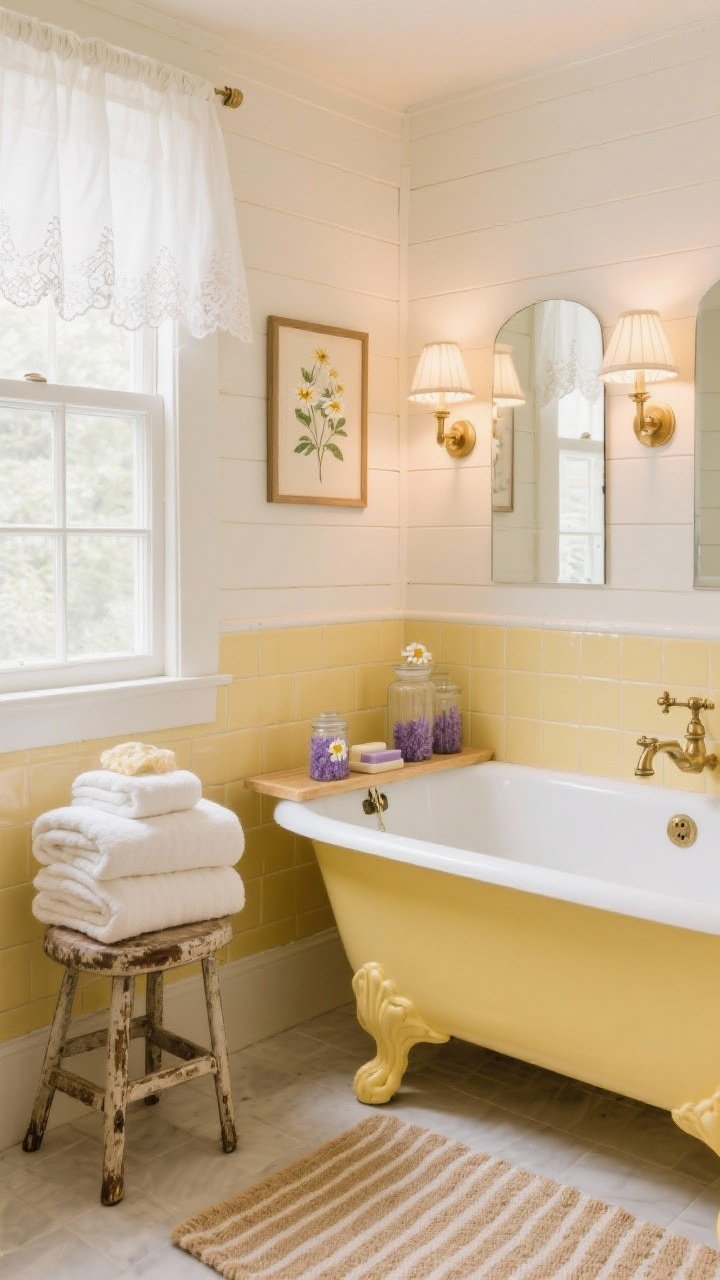 Medium shot: Cream & chamomile bath sanctuary with cream clapboard walls, buttery ceramic tiles, and a clawfoot tub painted chamomile yellow; brushed brass fixtures, lace café curtain at the window; thick cotton towels stacked on a small antique stool; striped grain sack bath mat grounding the space; apothecary jars, lavender soap, framed botanical print; double sconces with linen shades flanking the mirror, warm ambient light.