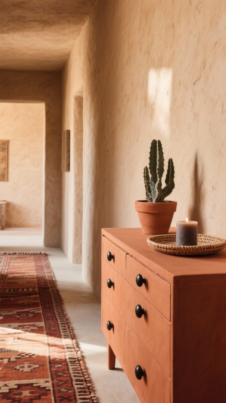 Medium shot, desert modern hallway: terracotta-painted dresser with matte black knobs, warm sand walls with textured plaster/limewash finish; top styled with a terracotta planter holding a sculptural cactus, woven tray, and a smoky candle; Kilim runner in rust and clay tones grounding the palette; warm, sunlit ambiance.