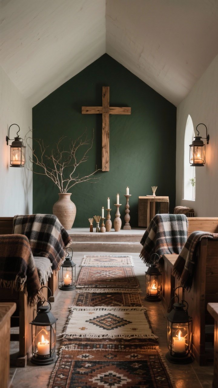 Medium shot down a small chapel aisle emphasizing textures. Plaid wool throws draped on select pews. Iron lanterns set along the side aisles emitting a warm campfire-like glow. Moody palette: forest green, tobacco brown, charcoal, cream. At front: raw wood cross, ceramic jug with bare branches, hand-thrown pottery candlesticks. Layered kilim rugs defining the preaching space. Subtle cedar-scented diffusers suggested by small reed bottles (unscented candles on altar). Cozy, intimate, story-rich atmosphere; photorealistic; no people.