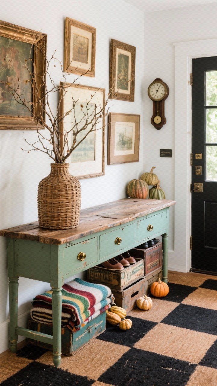 Medium shot, eclectic vintage entry: mismatched console painted sage with aged brass pulls and a reclaimed wood top; black-and-tan checkerboard rug; layered thrifted frames and a wall-mounted barometer; wicker demijohn filled with branches; stack of vintage crates used for shoes; striped wool blankets folded and mini gourds scattered; lively, collected feel with natural light.