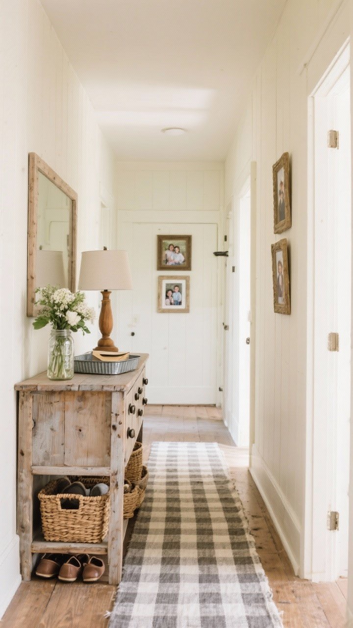 Medium shot, farmhouse hallway: a weathered pine dresser with cup pulls and a slightly chunky silhouette on soft cream walls; checkered cotton runner warming the floor; top with a mason jar bouquet, galvanized metal tray for mail, and a simple wooden lamp; woven baskets tucked beneath for shoes and a few framed family snapshots; bright, homey light.