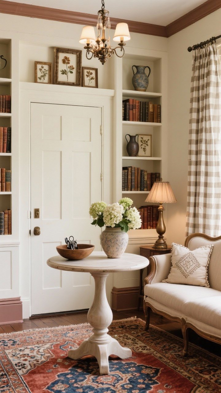 Medium shot from a corner angle: A buttermilk cream entry with warm mushroom taupe trim and a Persian-style rug in rust and indigo underfoot. Floor-to-ceiling built-in shelves in ivory flanking the door, filled with weathered books, pressed-flower frames, and ironstone pitchers. In the center, a curvy pedestal table holding a bowl for keys and fading hydrangeas in a vase. A camelback settee in oatmeal linen with needlepoint pillows sits nearby. A bronze library lamp and a petite shaded chandelier provide layered lighting. Gingham curtains on sidelights, crisp yet storied mood, photorealistic.