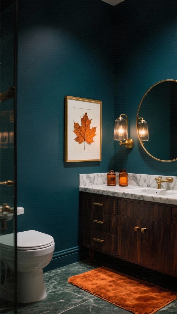 Medium shot from a corner angle: A moody bathroom with deep ink blue walls, a dark-stained wood vanity with bronze pulls, and a round brass mirror above a marbled countertop with subtle veining. Burnt orange and maple leaf accents: a framed maple leaf print in a slim brass frame and a plush velvet bath mat in burnt orange. Smoked glass canisters and an amber diffuser glow under a double sconce with smoked glass shades, casting warm, dramatic light. Palette: ink blue, charcoal green undertones, brass, burnt orange. Photorealistic, no people.