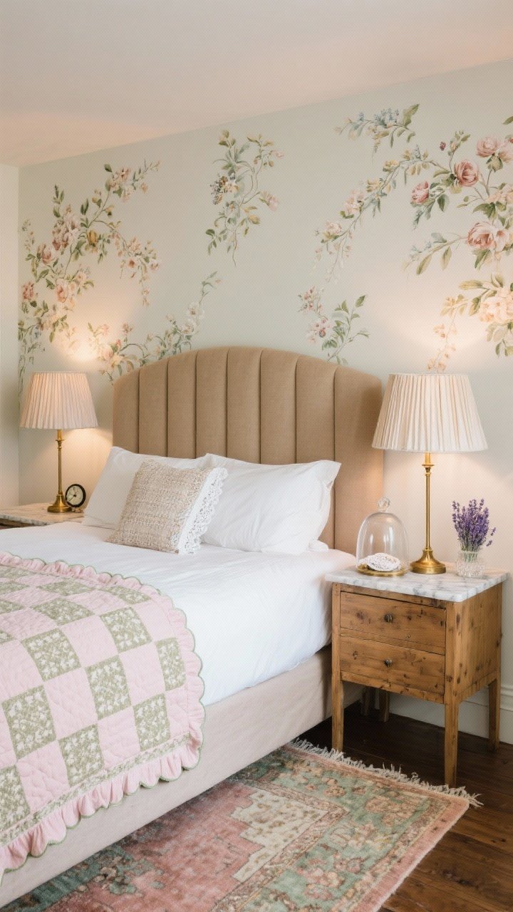 Medium shot from foot of bed: A storybook bedroom with a modern upholstered headboard in mushroom beige. The bed is layered with crisp white percale sheets, a blush-and-ivy block-printed quilt, and a scalloped-edge throw. The headboard wall features delicate floral wallpaper; the other walls are soft eggshell. Mismatched nightstands—one painted pine, one marble-topped—flank the bed, each with pleated fabric lampshades on slim brass bases casting gentle, dappled light. Details include a glass cloche with dried lavender, a tiny clock, and a lace-trimmed handkerchief. Underfoot: a faded Persian-style rug in dusty rose and moss tones.