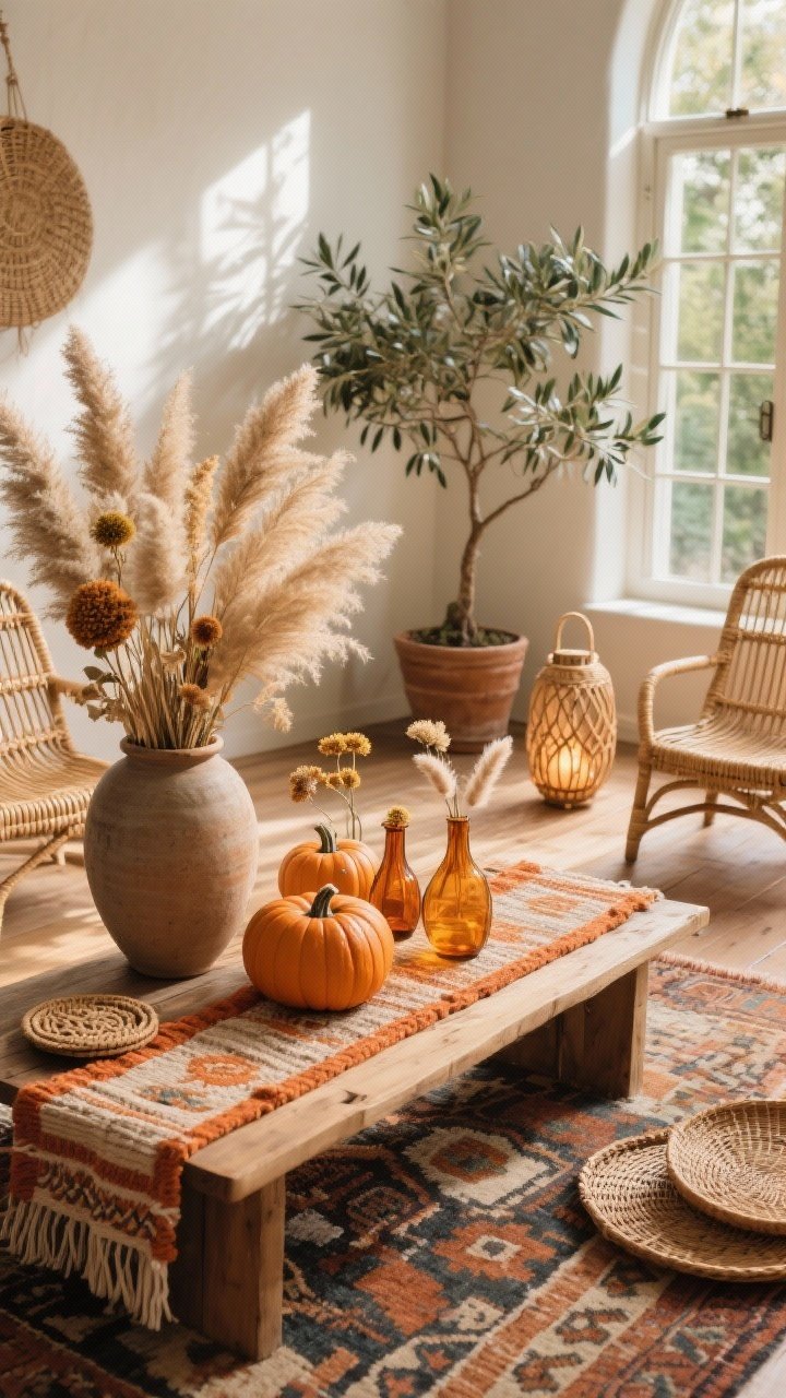 Medium shot from sunroom corner: Boho sunroom with sun-washed floors, rattan chairs, potted olive trees, and a vintage kilim rug. On a low wood coffee table, a handwoven runner holds terracotta-hued pumpkins arranged beside a wide ceramic vase bursting with dried pampas plumes. Scatter amber glass bud vases with strawflower and bunny tails. Include rattan lanterns, macramé coasters, and woven trays. Warm, natural sunlight streaming in, textural and laid-back, photorealistic, no people.