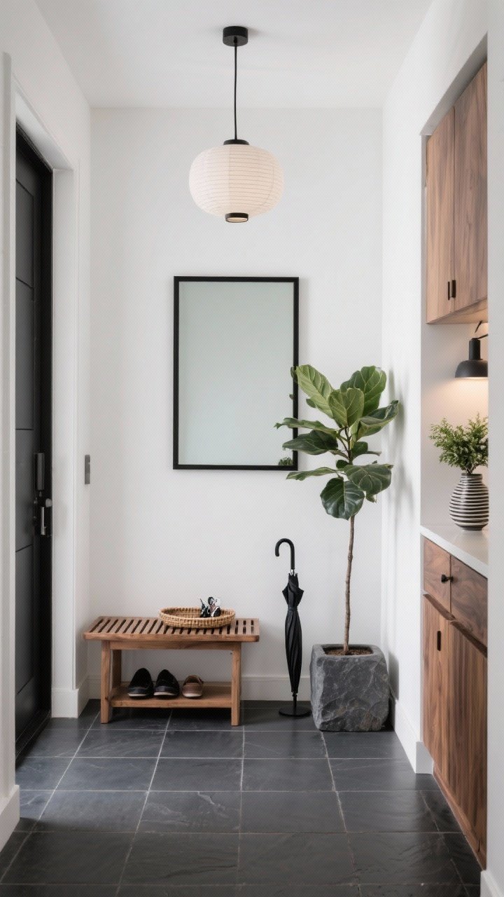 Medium shot, Japandi Entryway Calm Zone: bone-white walls and dark slate/charcoal porcelain tile floor; slatted wood bench centered beneath a black framed mirror; shallow shoe cabinet with oak fronts to one side; a tall matte stone planter with a sculptural ZZ plant as the focal greenery; a small Chinese evergreen on the cabinet with subtle variegation; woven tray for keys, black umbrella stand, ribbed ceramic catchall; lighting from a minimal lantern pendant or flush-mount linen drum casting soft illumination; palette of bone, oak, charcoal, black; photorealistic, sparse and orderly, straight-on hallway view.