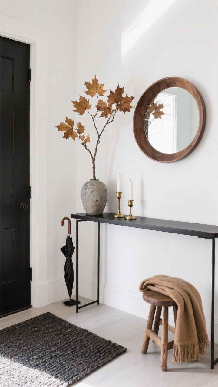 Medium shot, minimal entry with a matte black metal console against white walls; a single tall branch of turning maple leaves in a stone vase; floor kept clean with a charcoal jute mat and a slim umbrella stand; a round oak mirror above reflects light; two brass taper candle holders and a folded camel throw on a low stool; airy composition, soft diffused daylight, calm and understated.