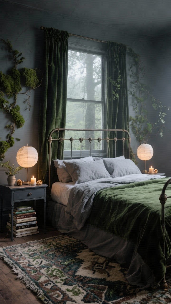 Medium shot: Misty forest bedroom retreat with smoky eucalyptus walls and moss velvet curtains framing a window; wrought-iron bed dressed in stonewashed linen bedding in deep green and misty gray; charcoal-painted bedside tables holding beeswax candles and a stack of botanical books; wool kilim rug underfoot; paper lantern bedside lamps creating soft, diffused light; moody, serene woodland atmosphere.