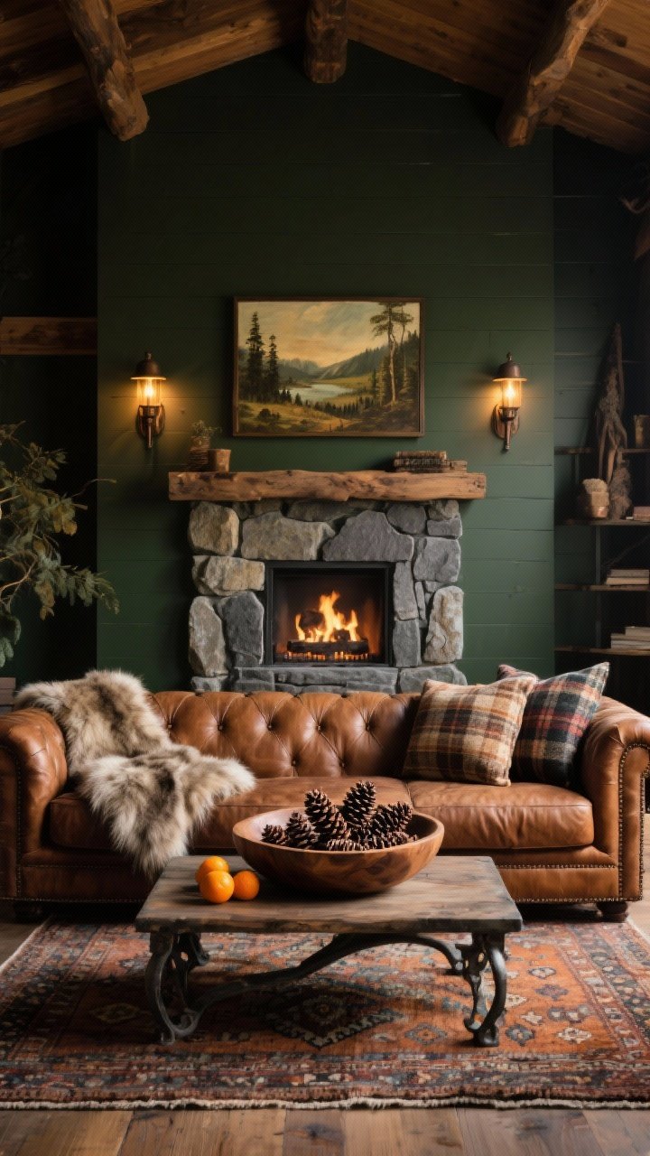 Medium shot, moody: Cabin-inspired living room with dark olive walls and a stone-look electric fireplace. An oversized tobacco leather chesterfield anchors the scene, layered with a faux fur throw, wool plaid pillows, and a kilim rug. Coffee table holds a large wooden bowl filled with pinecones and dried oranges. Oil-rubbed bronze sconces flank a vintage landscape painting over the mantel. Palette of deep olive, tobacco, charcoal, and amber; textures of wool, fur, iron, and rough wood. Warm 2700K lighting casting a golden glow, photorealistic.