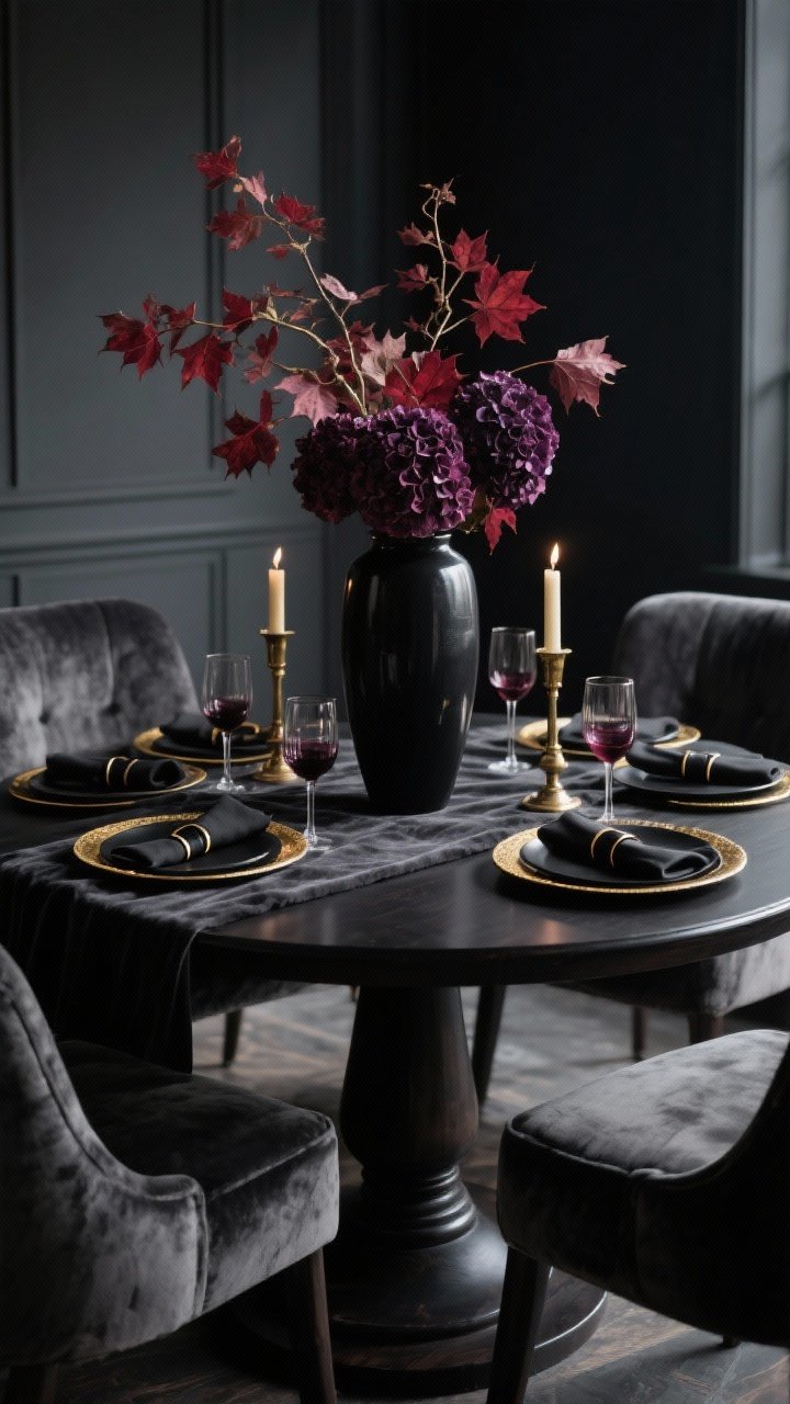 Medium shot, Moody Maple Elegance: A dark-stained round pedestal table topped with a charcoal velvet runner. Central tall black ceramic vase overflowing with burgundy maple branches and deep plum hydrangeas. Matte black plates, merlot napkins with black leather rings, gold-rimmed glasses, and aged brass tapered candlesticks providing a moody glow. Chairs upholstered in dark gray/smoky velvet. Palette of charcoal, black, wine, brass. Low, dramatic evening lighting. Photorealistic.