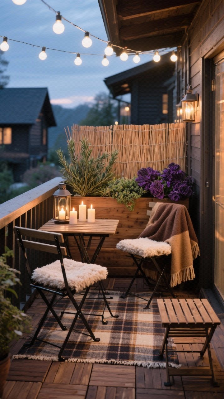 Medium shot of a compact balcony with cabin-core mood at dusk: interlocking acacia deck tiles, plaid outdoor rug, teak bistro set with two shearling-style seat pads. Overhead, soft-white bulb string lights; cluster of LED pillar candles inside lanterns providing firelight flicker. Cedar planter brimming with rosemary, thyme, and purple kale. Weatherproof wool throws in espresso and camel draped on chairs, foldable slatted stool tucked nearby, reed screen panel adding privacy. Cozy, photorealistic.