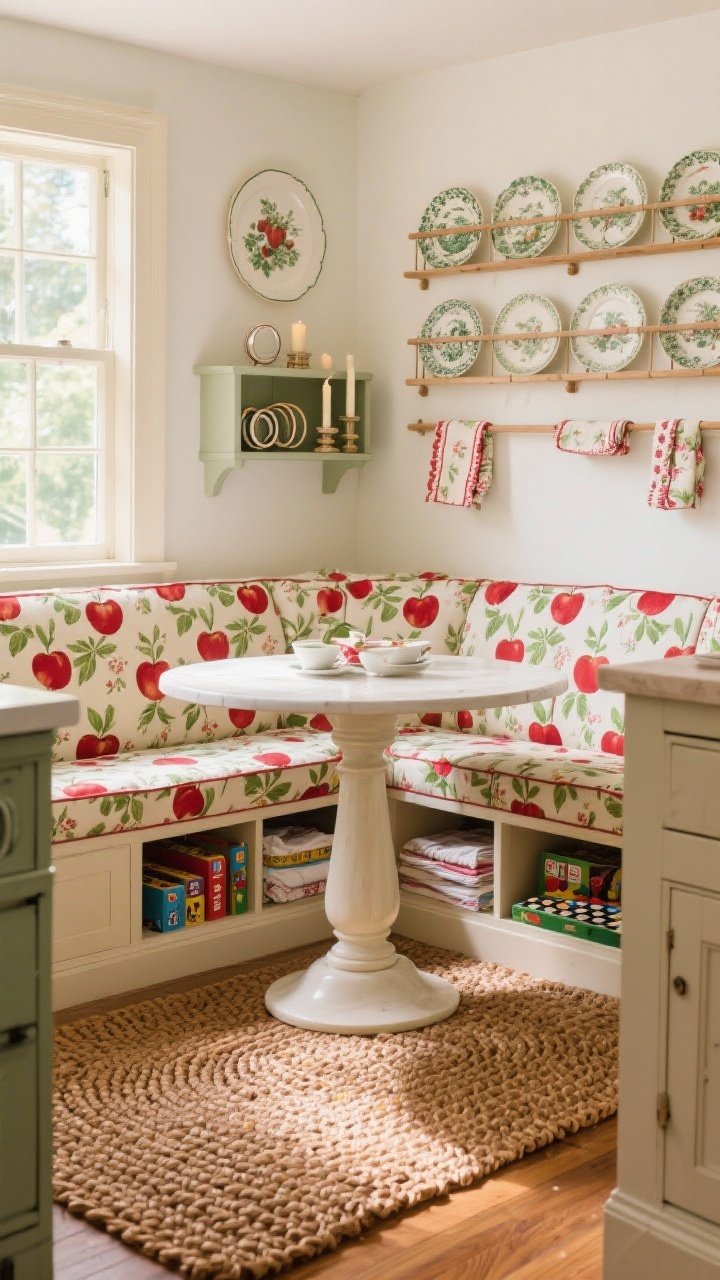 Medium shot of a kitchen breakfast corner with a built-in banquette upholstered in apple-print chintz wrapping a round pedestal table; seats lifted slightly to reveal hidden storage for linens and board games; above, plate racks displaying transferware; a shallow sideboard with neatly organized napkin rings and candles; braided rug in warm maple tones; apple red, cream, leaf green accents; cheerful morning light.