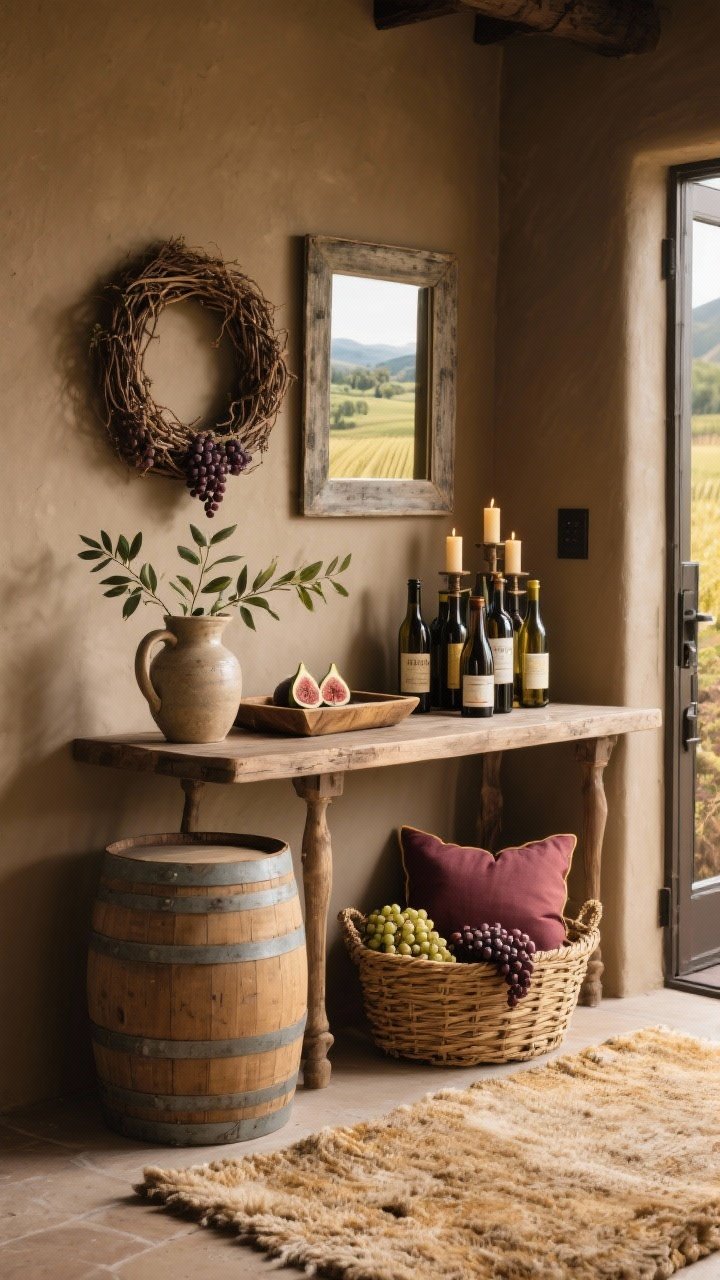 Medium shot of a rustic wine country entry: barrel-inspired side table against a warm taupe wall; nubby wool rug underfoot; woven grapevine wreath hung over a rectangular mirror; tabletop styled with aged wood trays, a ceramic pitcher holding olive branches, and a cluster of wine bottles repurposed as candle holders; basket of faux grapes and fig-colored pillows completing the harvest look; golden, vineyard warmth.