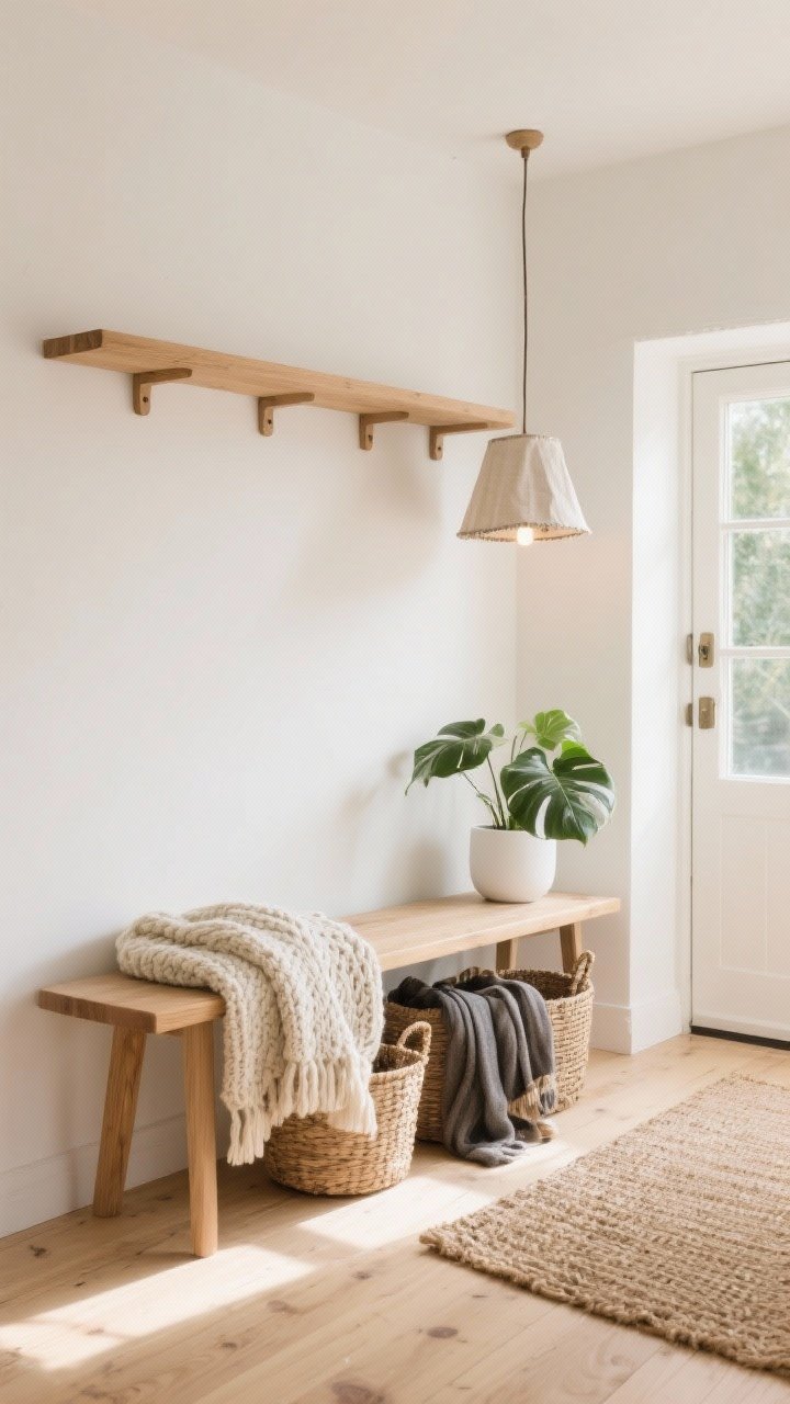Medium shot of a sunlit Scandinavian entry: pale oak floors, creamy white walls, a blonde wood bench under a floating oak shelf with simple pegs; a chunky knit throw draped on the bench, woven baskets underneath for scarves, a leafy plant in a white pot, a linen drum pendant casting warm light; a woven jute runner adding natural texture; calm, cozy ambiance.
