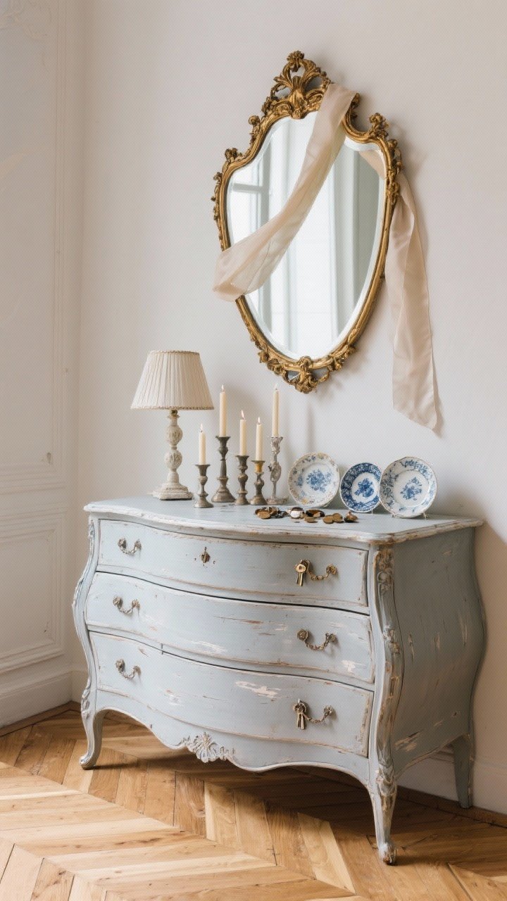 Medium shot, Parisian apartment vibe: a curvy antique dresser painted soft dove gray with light distressing, leaning ornate gilded mirror above with a delicate ribbon draped over a corner; styling includes a petite French table lamp, a cluster of taper candles in mixed holders, and a mismatched set of porcelain dishes for keys and coins; chevron wood flooring gleaming, romantic vintage charm.