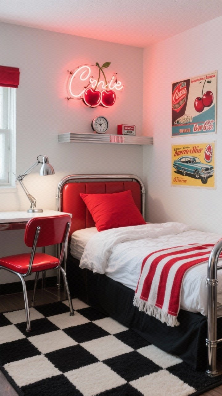 Medium shot, retro diner-inspired dorm nook: bed with a black-and-white checkerboard rug beneath, vinyl-look cherry-red headboard pillow; chrome task lamp on the desk, red metal chair, neon-style cherry script LED sign glowing on the wall, mini retro clock on shelf; striped red-and-white throw folded, cotton sheets visible; vintage soda ad and car posters with cherry accents; stainless steel highlights, slight vignette lighting, corner angle.