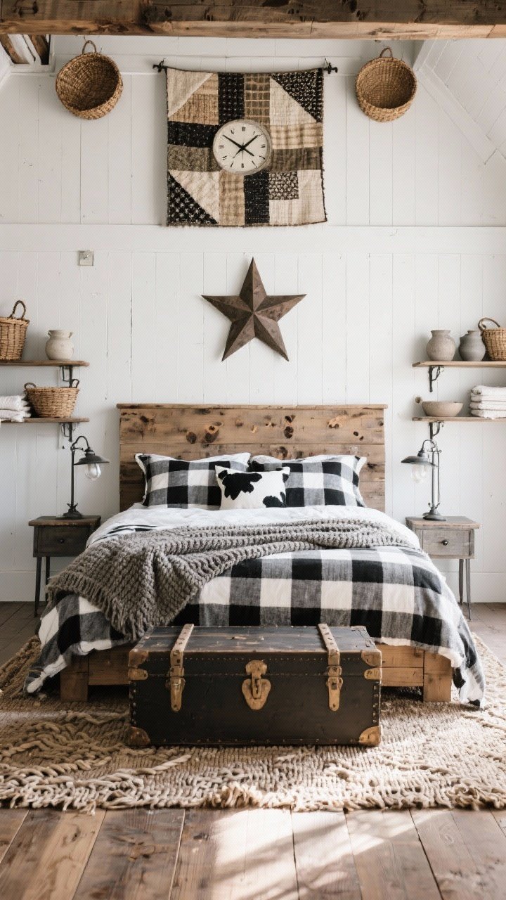 Medium shot, Rustic Farmhouse Loft bed wall: chalky white walls, reclaimed wood headboard with visible knots and grain; black-and-cream buffalo check bedding layered with thick knit throws; industrial sconces flanking the bed; trunk coffee table used as a bench; shaker peg rail above with woven baskets and a patchwork quilt hung like a tapestry; wide-plank floors with a braided rag rug; open shelves holding stoneware, baskets, and folded linens; oversized clock (or barn star) over the headboard. Photorealistic, sturdy, unfussy, bright natural light.