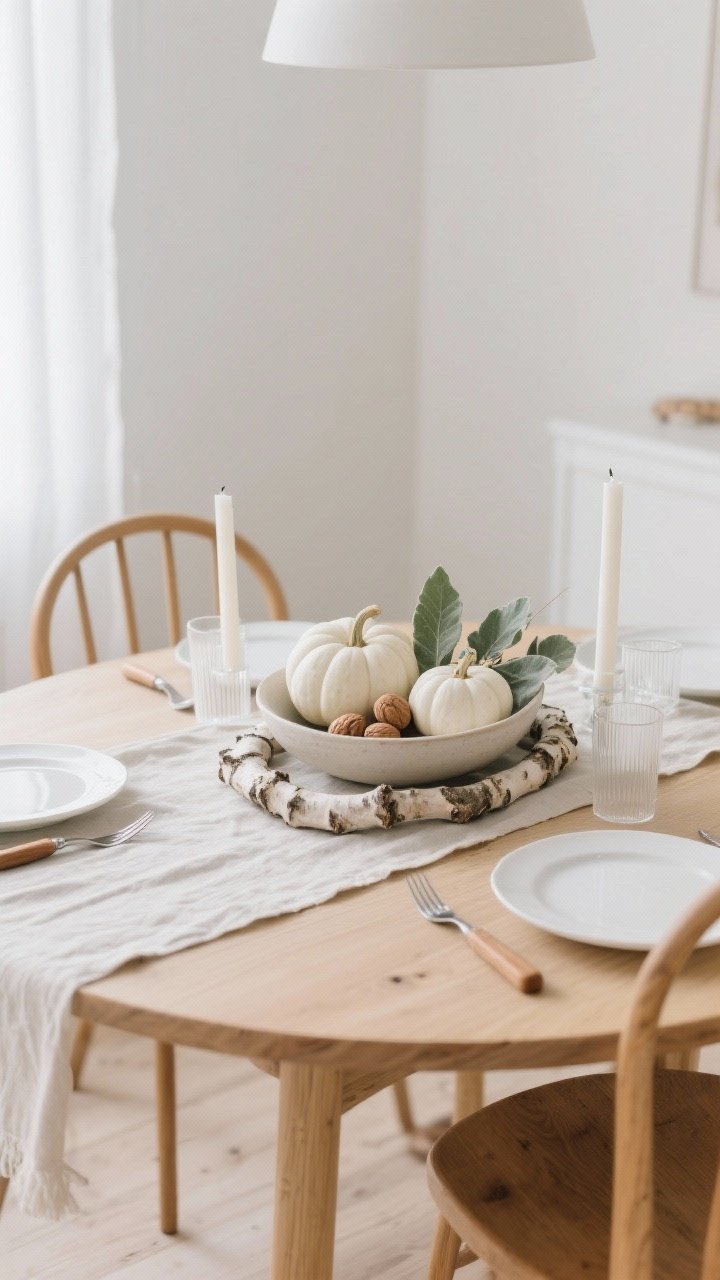 Medium shot, Scandinavian Soft Autumn: Blonde wood round table with a pale mushroom linen runner. Low, wide ceramic bowl holding white pumpkins, sage leaves, and walnuts, resting on a laid-flat birch branch wreath. Matte white plates, oak-handled flatware, and clear tapered candles in minimalist glass holders. Light oak bentwood or simple spindle-back chairs. Palette of white, mushroom, sage, natural wood. Soft, diffuse daylight, airy and uncluttered. Photorealistic.